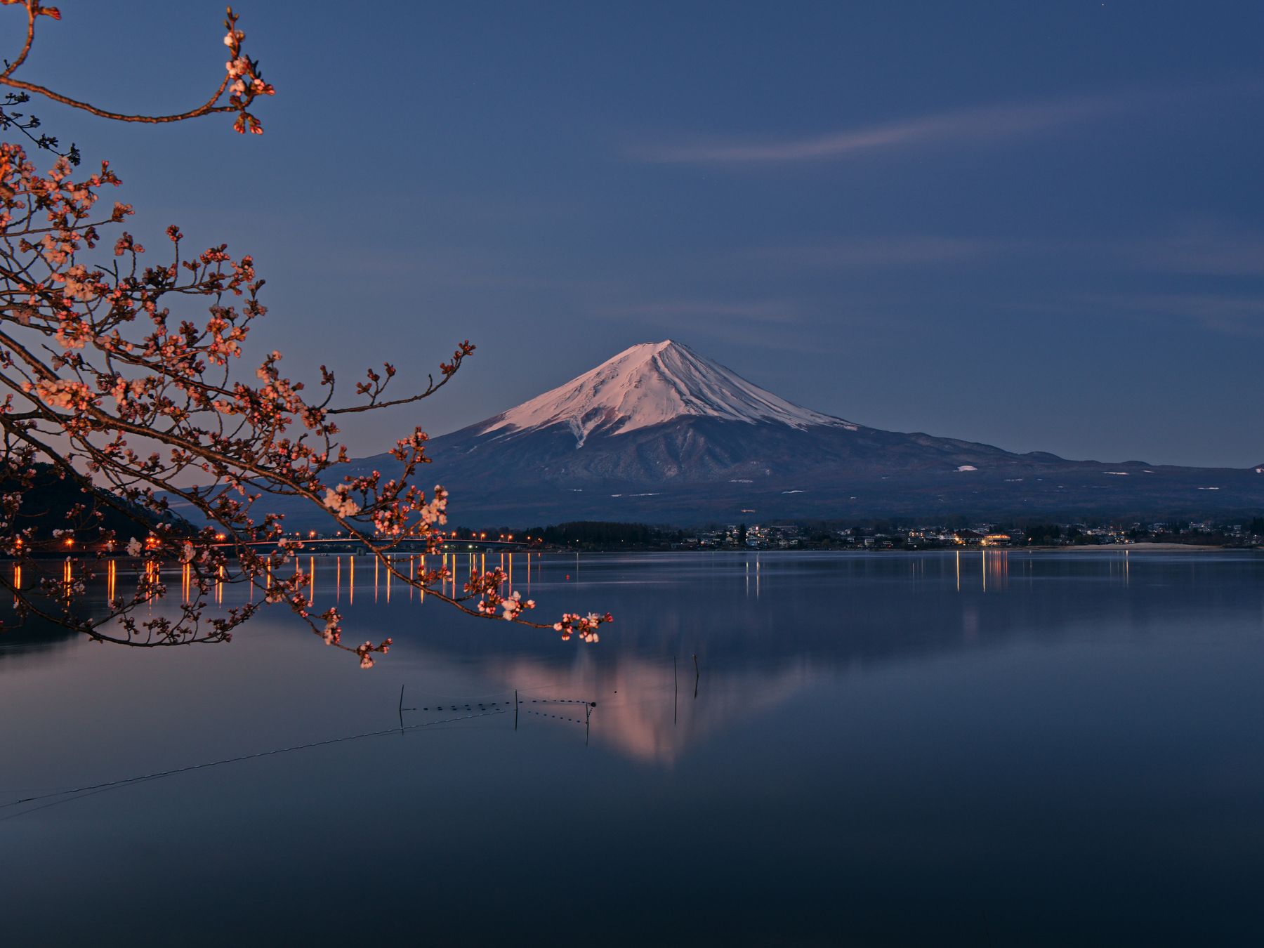 Mount Fuji at dawn, calm and clear